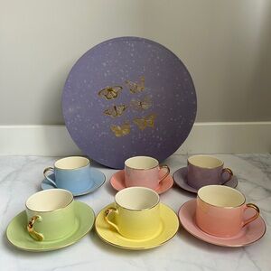 Colorful Tea Cup and Saucer Set with Butterfly Tray